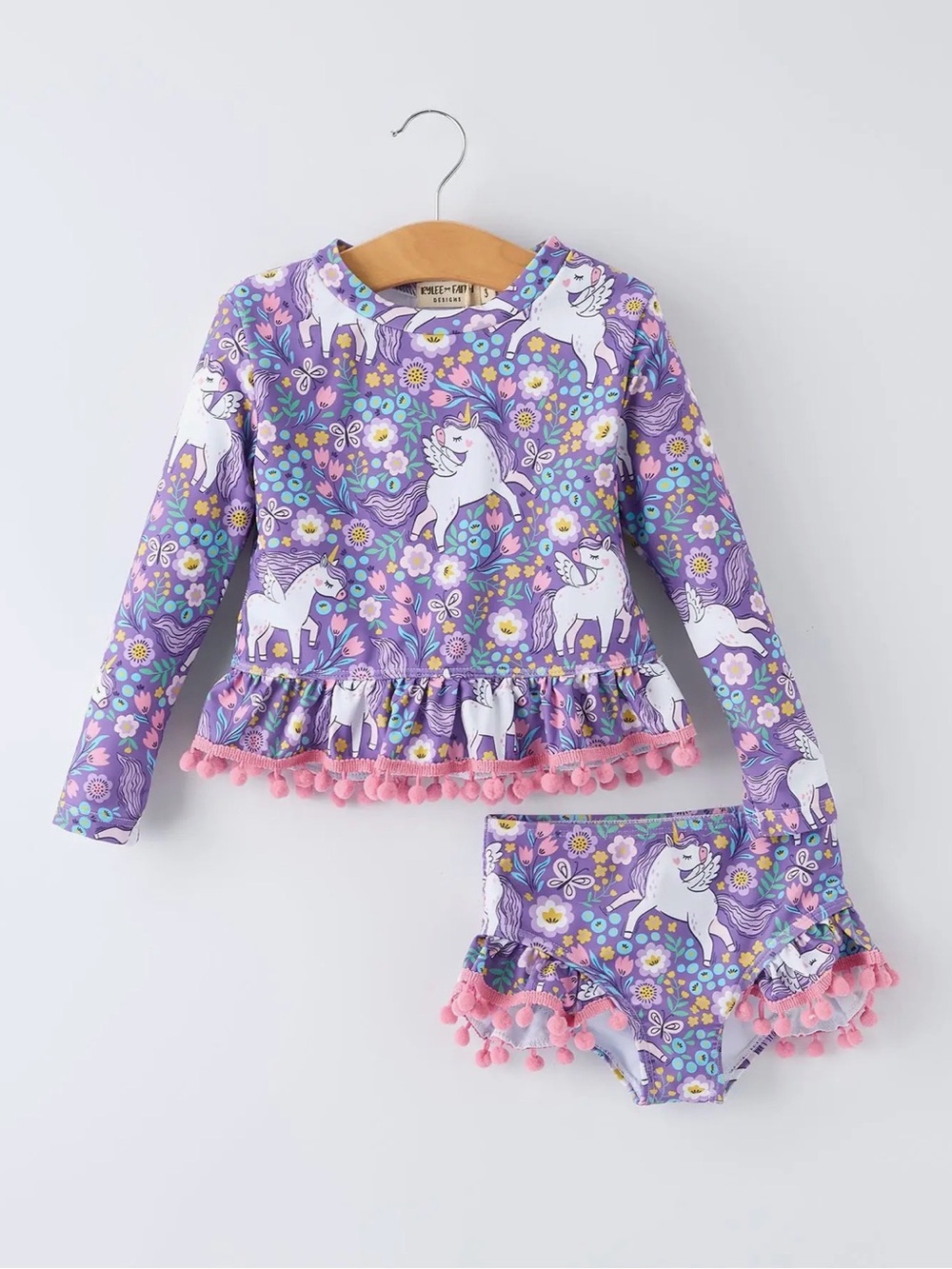Rylee Faith Girls Unicorn Long Sleeve Ruffle Swimsuit Set